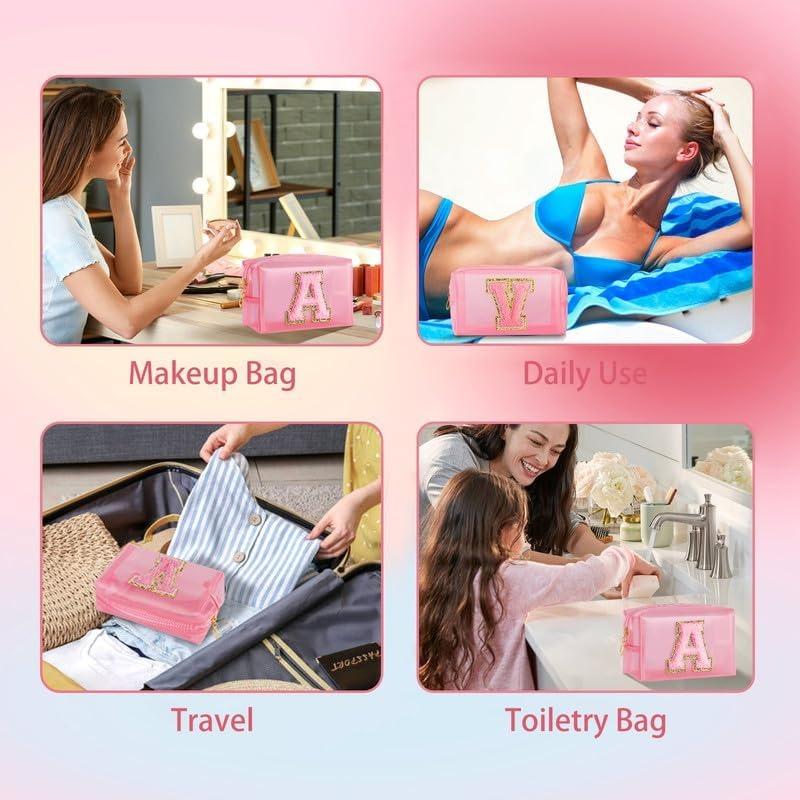 Clear Makeup Bag for Women - Small Personalized Initial Cosmetic Bags Chenille Letter Make up Pouch Waterproof Toiletry Bag Travel Accessories Gifts for Women Graduation Gift