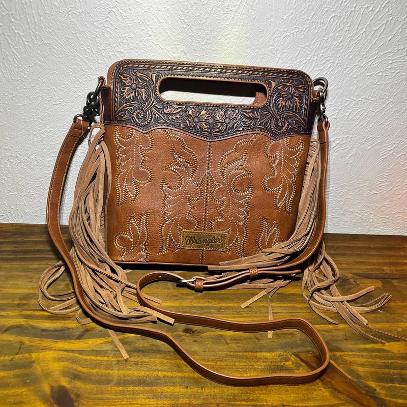 Wrangler Fringe Embossed Tote Handbag with Adjustable Strap