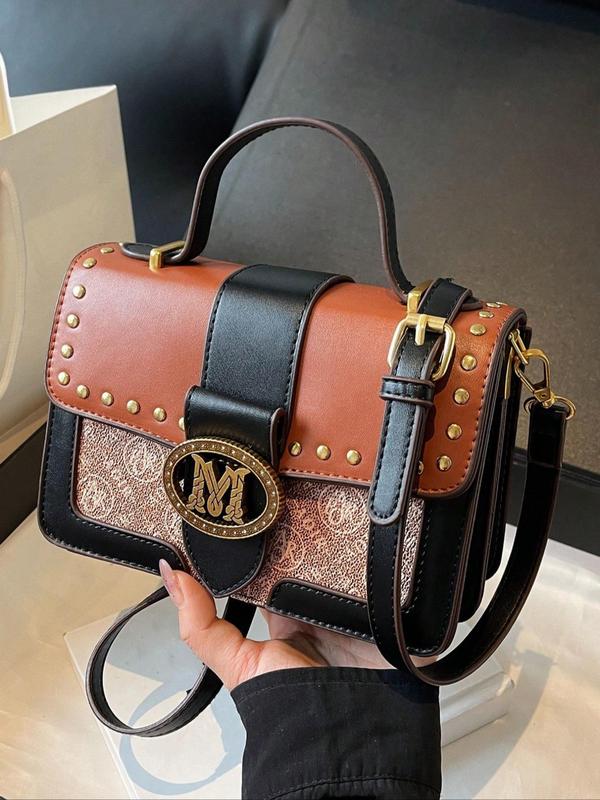 Women's Fashionable Letter Pattern Handbag, Vintage Crossbody Bag with Rivets Inlaid, Elegant All-match & Exquisite Handbag for Daily Use