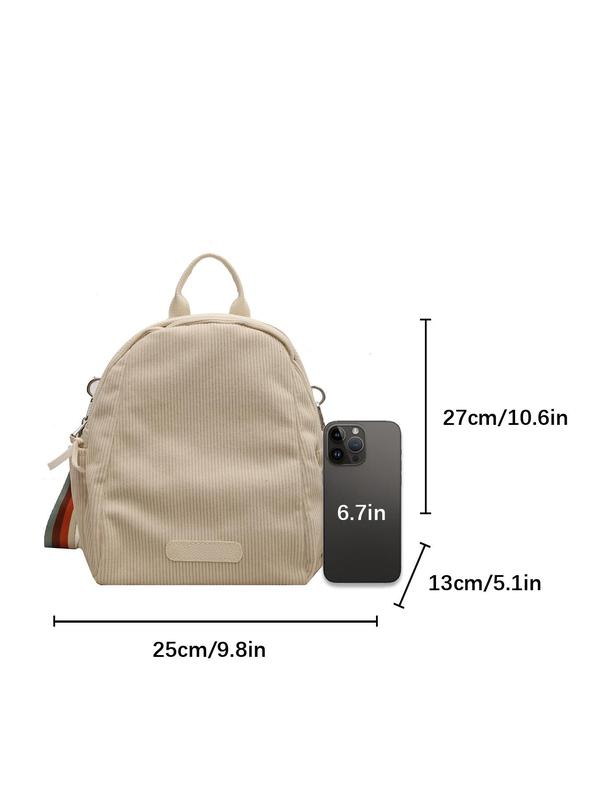 Women's Solid Color Corduroy Backpack, Fashionable Casual Zipper Backpack with Adjustable Strap, Casual Trendy Versatile High-quality Daily Commuting Bag