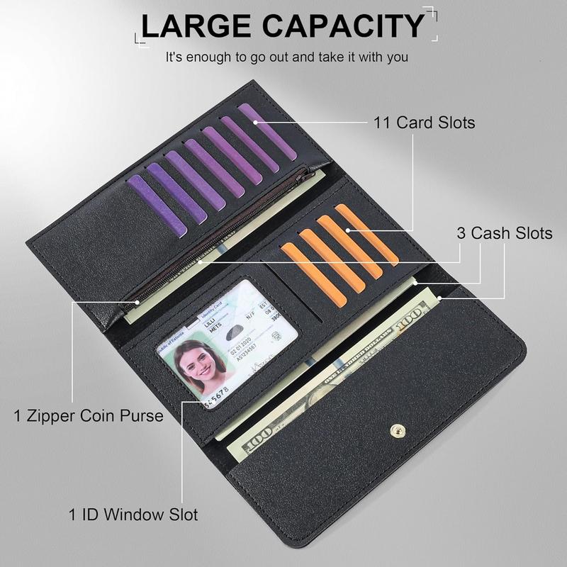 Wallet Women, Rfid Blocking Wallet for Women, Long Trifold Handbag, Ladies Slim Leather Pocket Wallet with ID Window, Multi Card Wallet Case with Zipper,Clutch Organizer