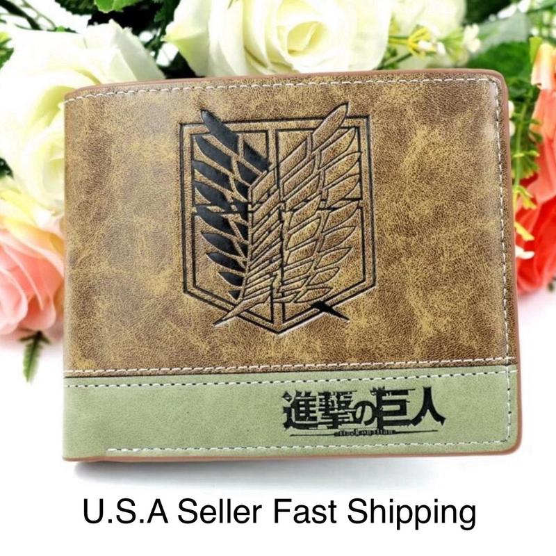 Titan Anime Wallet - Brown PU Leather Wallet Japanese Manga Cartoon Short Bifold Cash Credit Card Photo ID Brown Black Green Survey Corp Scout Regiment Wings of Liberty Symbol Logo