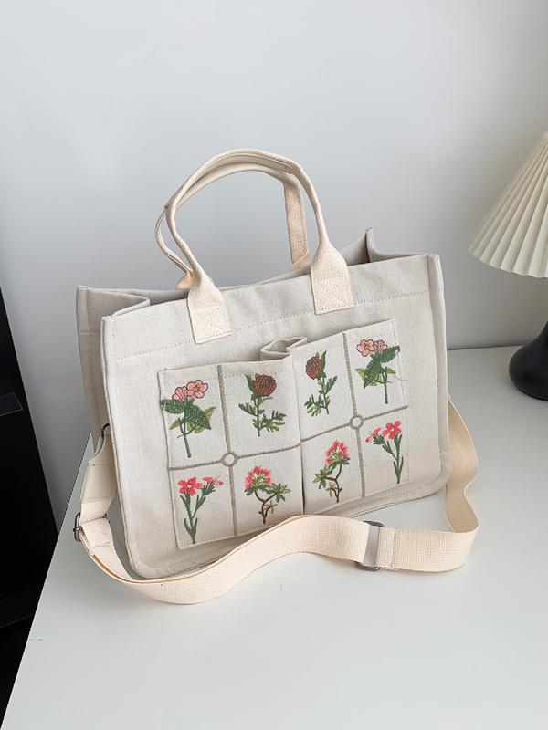 Women's Elegant Flower Embroidered Tote Bag, Work Bag, Trendy Large Capacity Handbag for Women & Girls, Casual Versatile Crossbody Bag for Daily & Work & Back To School