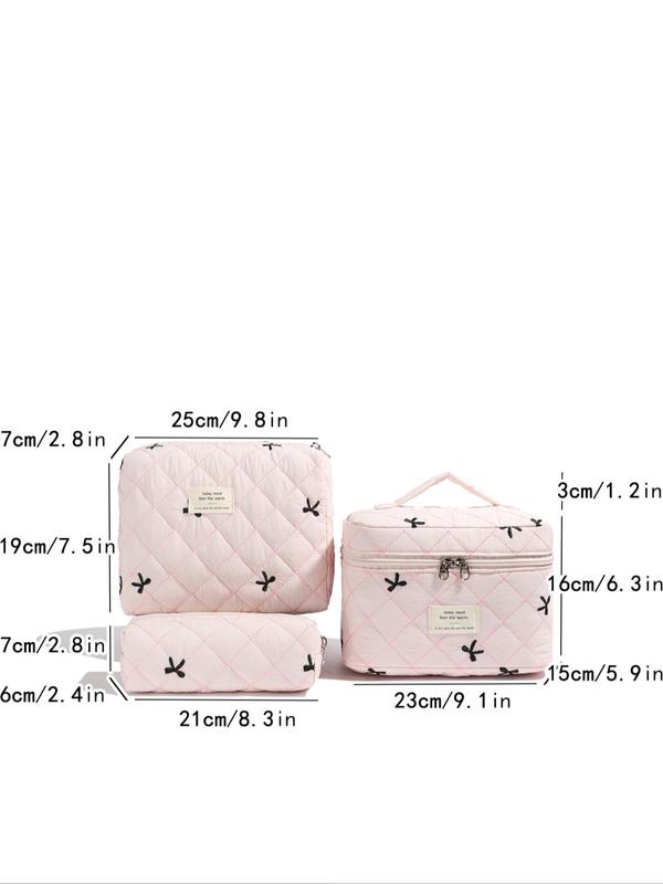 Cute Bow Pattern Quilted Makeup Bag Set, Large Capacity Cosmetic Storage Bag, Zipper Makeup Organizer Pouch, Versatile Storage Bag for Travel & Daily Use