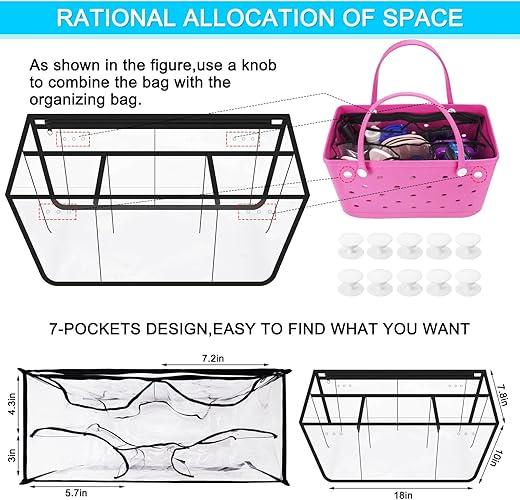 X-Large Clear Beach Bag Organizer – 7 Pocket Bogg Bag with Waterproof PVC, Insert Divider Pouch, Wet Dry Separation & Bonus Clasps for Beach & Travel