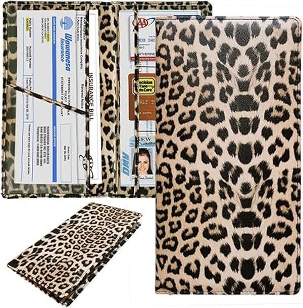 Premium Car Registration and Insurance Holder,Registration Insurance Card Holder of Leopard Print Looks Stylish,Glove Box Organizer Makes Your Documents In Order.