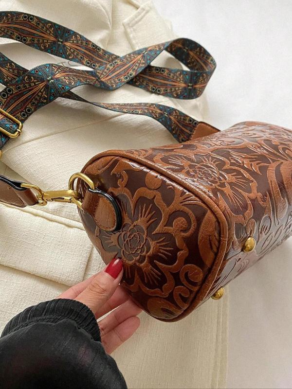 Women's Fashionable Floral Embossed Large Capacity Work Crossbody Bag, Boho Style Zipper Shoulder Bag with Wide Strap, Casual Trendy Bag for Daily Use