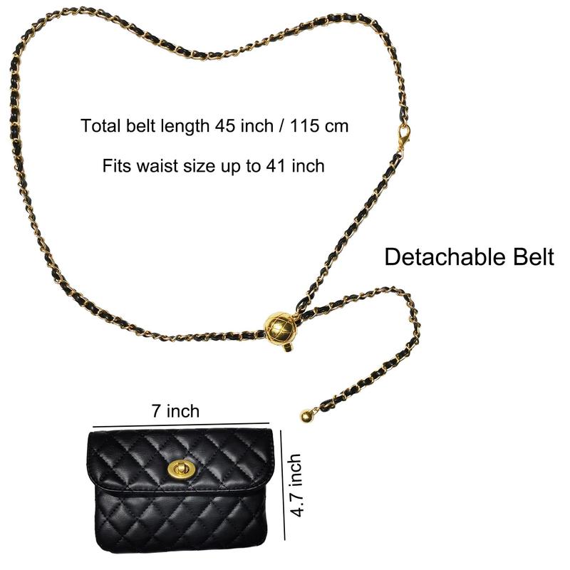 Chain Belt Bag for Women, Synthetic Leather Belt Purse Chain Purse Mini Belt Bag Goth Fanny Pack Fashion Waist Packs Detachable Bag Small