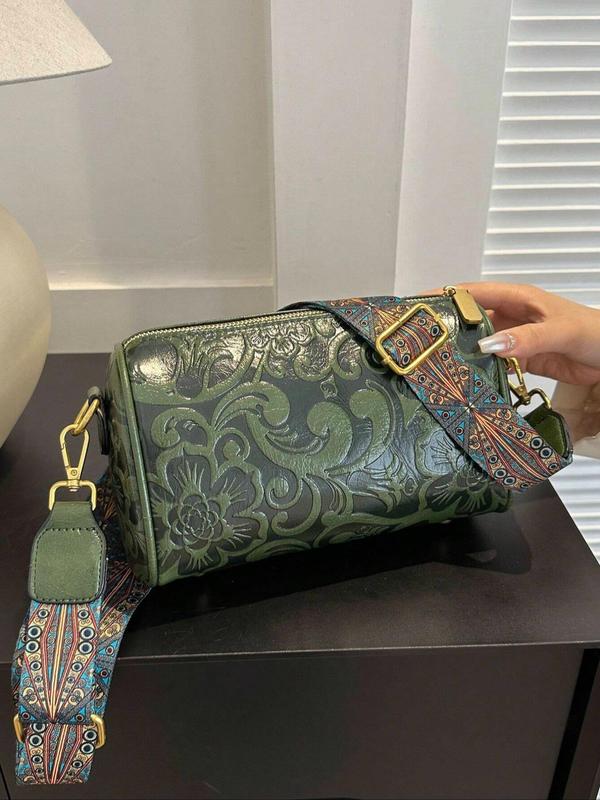 Women's Fashionable Floral Embossed Large Capacity Work Crossbody Bag, Boho Style Zipper Shoulder Bag with Wide Strap, Casual Trendy Bag for Daily Use