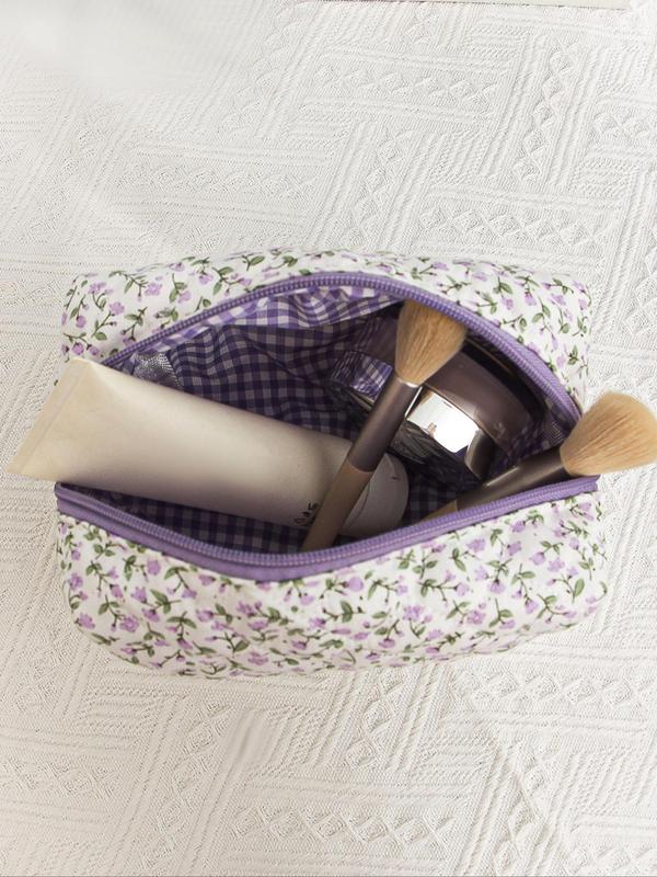 Floral Bow Pattern Quilted Makeup Bag, Cute Zipper Makeup Organizer Pouch, Versatile Cosmetic Storage Bag for Travel, Dormitory, Daily Use