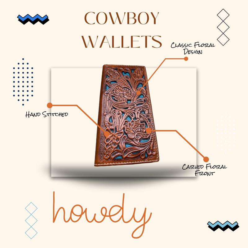 Mens Long Wallet Floral Cutout Layered Leather Brown Teal Soft Leather Checkbook Style Cowboy Hand Crafted High End Mens Wallets Leather Bull Rider Rodeo