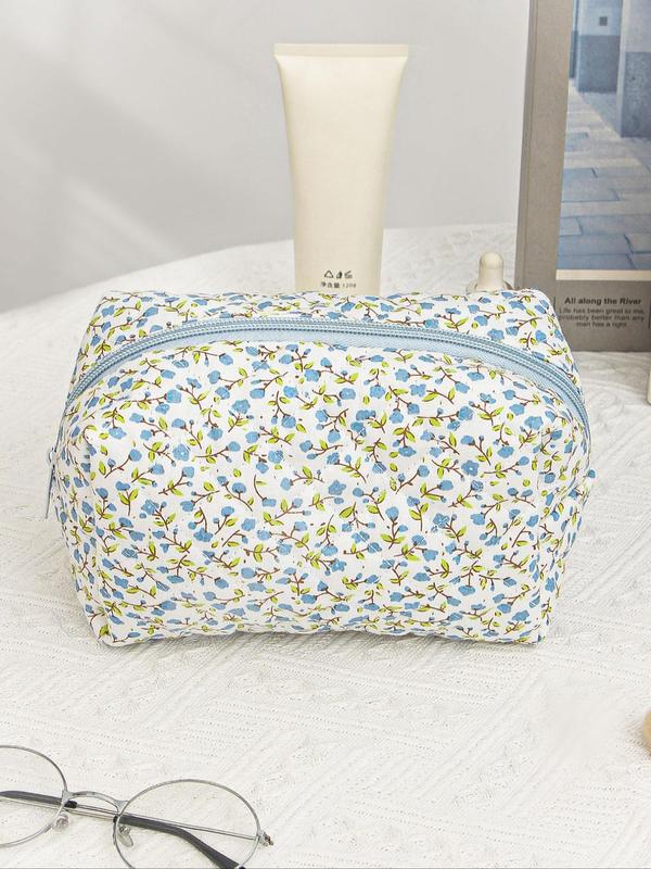 Floral Bow Pattern Quilted Makeup Bag, Cute Zipper Makeup Organizer Pouch, Versatile Cosmetic Storage Bag for Travel, Dormitory, Daily Use