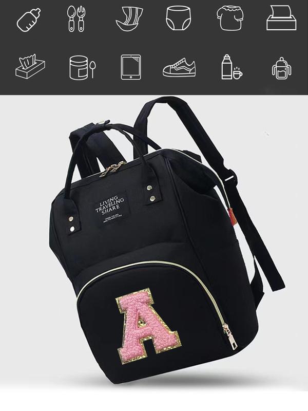 Fashion Letter Pattern Embroidery Label Nylon Backpack, Large Capacity Travel Backpack, Preppy Style Changing Mat Outdoor Storage Bag Back To School