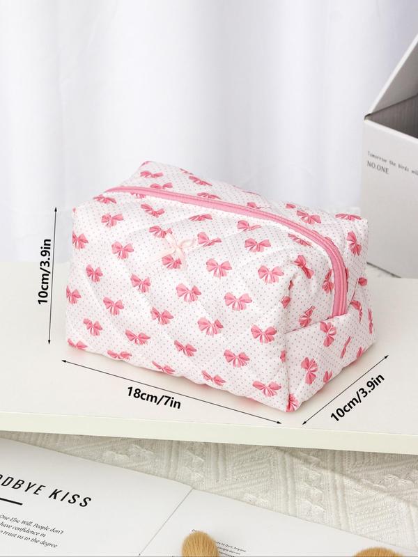 Floral Bow Pattern Quilted Makeup Bag, Cute Zipper Makeup Organizer Pouch, Versatile Cosmetic Storage Bag for Travel, Dormitory, Daily Use