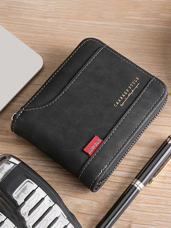 Men's Business Letter Detail PU Leather Zipper Short Wallet, Casual Versatile Multiple Slots Card Holder, Simple All-match Bifold Wallet for Daily Life