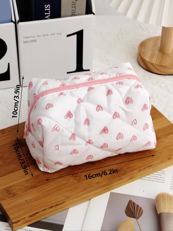 Floral Bow Pattern Quilted Makeup Bag, Cute Zipper Makeup Organizer Pouch, Versatile Cosmetic Storage Bag for Travel, Dormitory, Daily Use