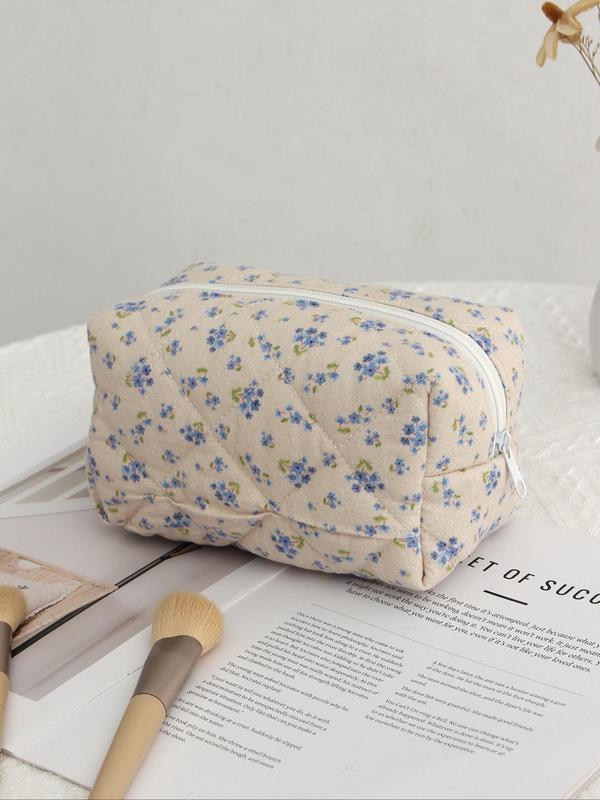 Floral Bow Pattern Quilted Makeup Bag, Cute Zipper Makeup Organizer Pouch, Versatile Cosmetic Storage Bag for Travel, Dormitory, Daily Use