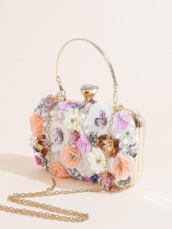 Women's Elegant Rhinestone Decorated Flower Design Evening Bag, Exquisite Trendy Box Evening Bag, Fashionable Work Bag for Party Decoration, Fall Outfits, Fall Freshness