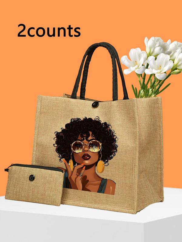 Women's Cute Cartoon Pattern Tote Bag & Pouch Set, Large Capacity Shoulder Bag & Pouch, Fashionable Bag Set for Travel & Daily Use