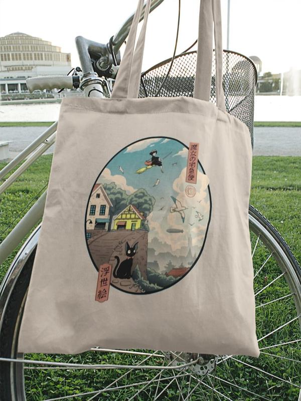 Kiki's Delivery Service Inspired Kiki and Jiji Tote Bag, Cotton Canvas Tote Bag, Anime Bag