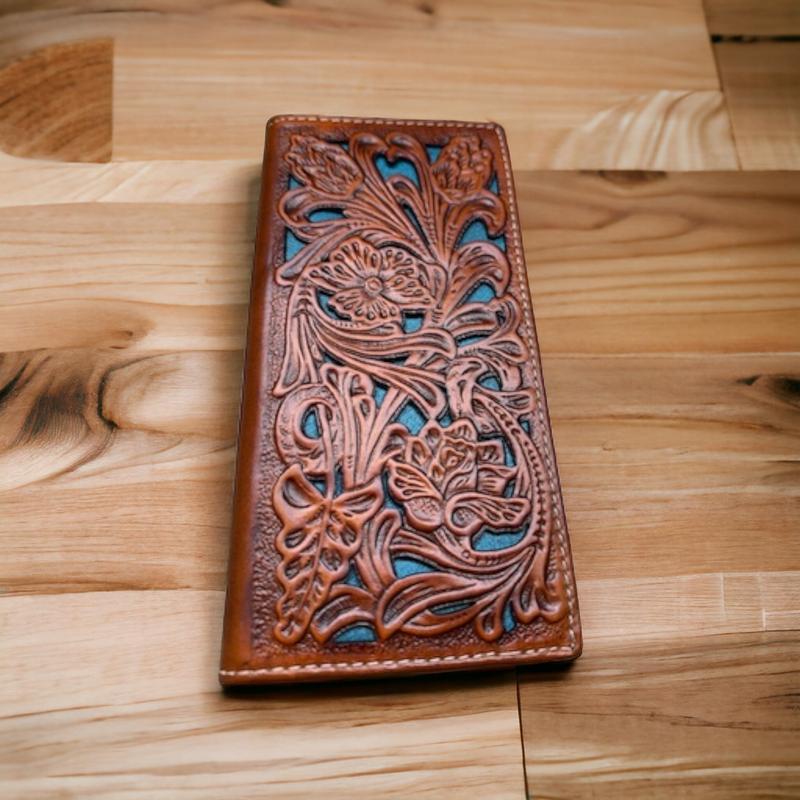 Mens Long Wallet Floral Cutout Layered Leather Brown Teal Soft Leather Checkbook Style Cowboy Hand Crafted High End Mens Wallets Leather Bull Rider Rodeo