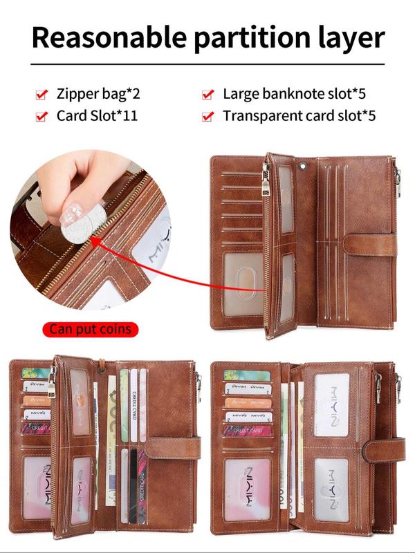 Women's Solid Color Long Wallet, Fashionable PU Leather Zipper Wallet with Wrist Strap, Multi-functional Card Holder for Daily Use