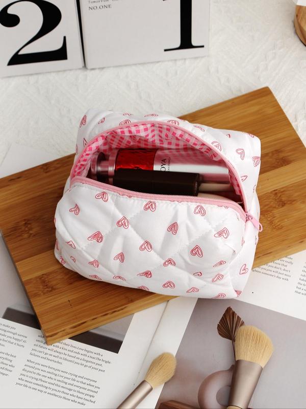 Floral Bow Pattern Quilted Makeup Bag, Cute Zipper Makeup Organizer Pouch, Versatile Cosmetic Storage Bag for Travel, Dormitory, Daily Use