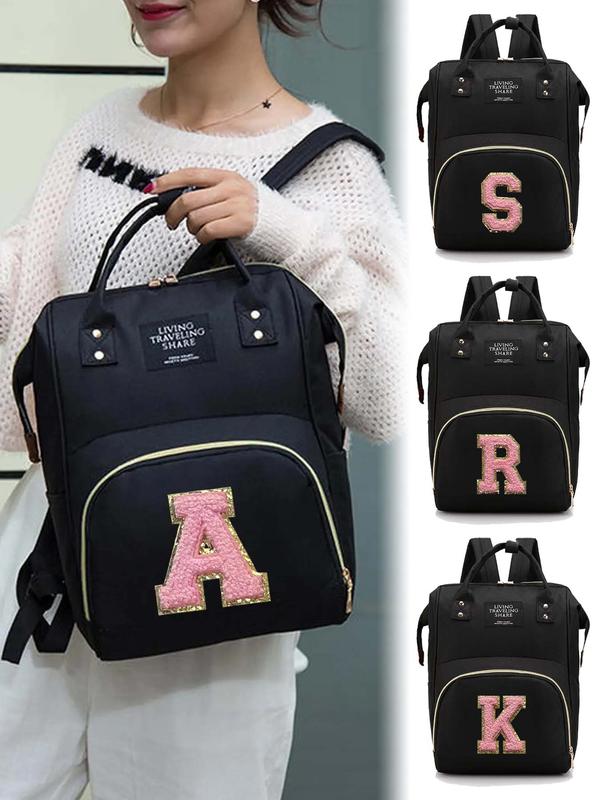 Fashion Letter Pattern Embroidery Label Nylon Backpack, Large Capacity Travel Backpack, Preppy Style Changing Mat Outdoor Storage Bag Back To School