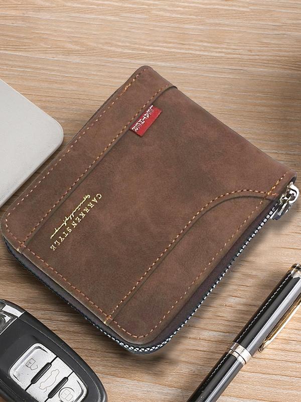 Men's Business Letter Detail PU Leather Zipper Short Wallet, Casual Versatile Multiple Slots Card Holder, Simple All-match Bifold Wallet for Daily Life