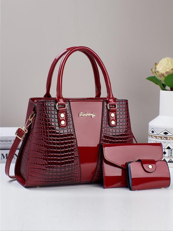 Women's Elegant Fashion Crocodile Embossed Handbag & Coin Purse & Card Holder, Casual Trendy Versatile High-quality Daily Commuting Bag Set