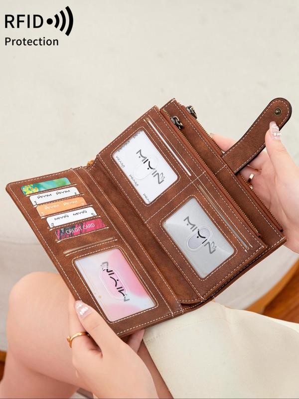 Women's Solid Color Long Wallet, Fashionable PU Leather Zipper Wallet with Wrist Strap, Multi-functional Card Holder for Daily Use