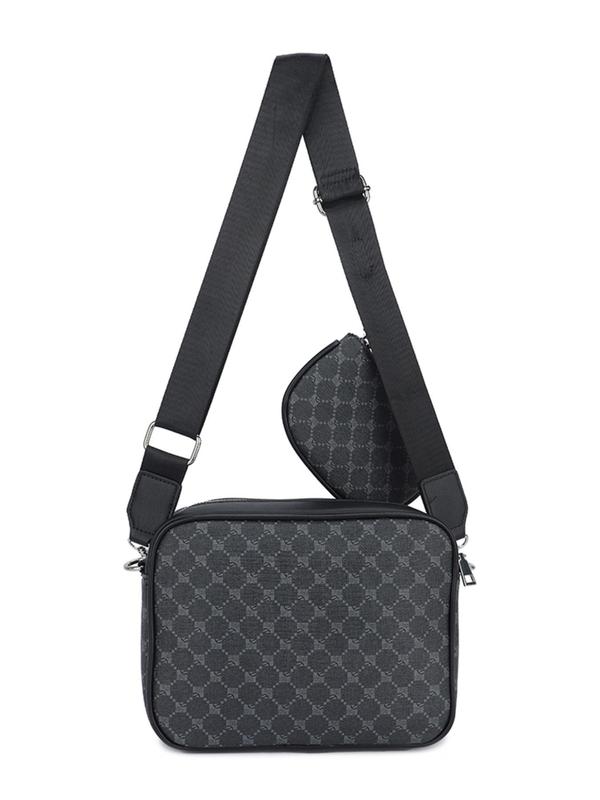 Men's Geometric Pattern Crossbody Bag & Clutch & Coin Purse, Casual Zipper Bag Set , Business Commuter Bag Set for Travel