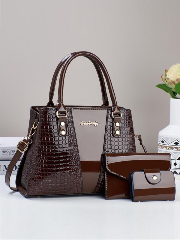 Women's Elegant Fashion Crocodile Embossed Handbag & Coin Purse & Card Holder, Casual Trendy Versatile High-quality Daily Commuting Bag Set