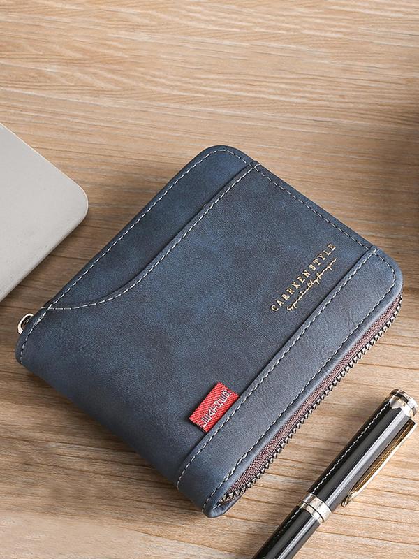 Men's Business Letter Detail PU Leather Zipper Short Wallet, Casual Versatile Multiple Slots Card Holder, Simple All-match Bifold Wallet for Daily Life