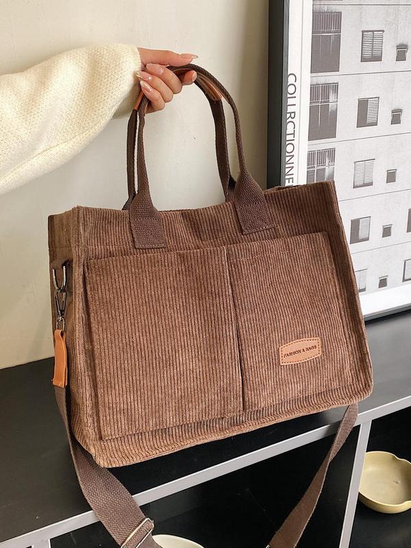 Fall 2024 Summer Casual Letter Patched Tote Bag for Women, Large Capacity Simple Corduroy Shoulder Bag for Work & School, Commuter Summer Travel Bag, Outfit Bag for Teen Girl, Tote Bags for School, Fall Outfits, Fall Freshness