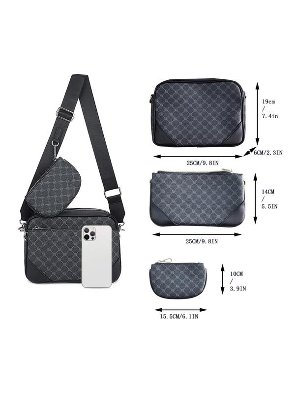 Men's Geometric Pattern Crossbody Bag & Clutch & Coin Purse, Casual Zipper Bag Set , Business Commuter Bag Set for Travel