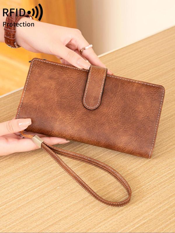 Women's Solid Color Long Wallet, Fashionable PU Leather Zipper Wallet with Wrist Strap, Multi-functional Card Holder for Daily Use