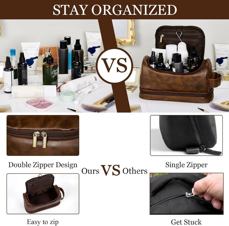 Travel Toiletry Bag for Men, Large Water-resistant Shaving Bag Toiletries Organizer, PU Leather Dopp Kit, with Hanging Hook, Multi-functional and Stylish, Ideal for , Travel, Camping, Gym