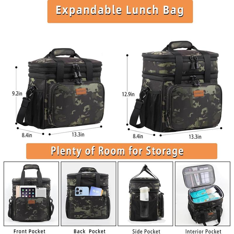 GLENKEY Expandable Xlarge Lunch Box, Insulated Heavy Duty Lunch Bag Waterproof Leakproof Durable Cooler Bag for Men Women Adults Work Construction Camping Trip, 25L, Black-Camo GLENKEY