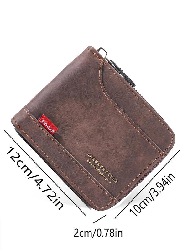 Men's Business Letter Detail PU Leather Zipper Short Wallet, Casual Versatile Multiple Slots Card Holder, Simple All-match Bifold Wallet for Daily Life