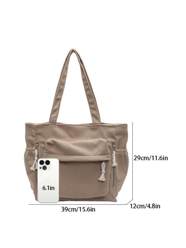 Women's Solid Color Corduroy Tote Bag, Large Capacity Shoulder Bag for Work & Daily Used, Casual Trendy Versatile High-quality Daily Commuting Bag