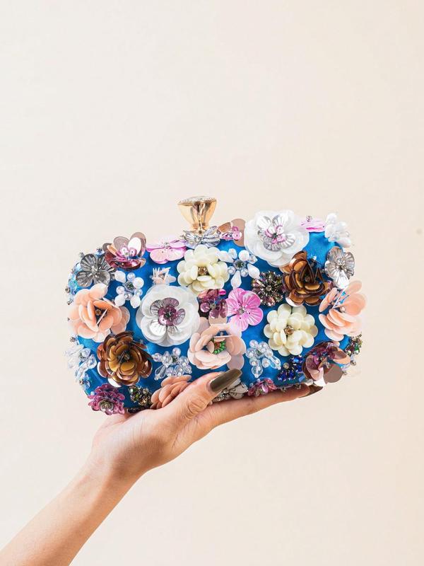 Women's Elegant Rhinestone Decorated Flower Design Evening Bag, Exquisite Trendy Box Evening Bag, Fashionable Work Bag for Party Decoration, Fall Outfits, Fall Freshness