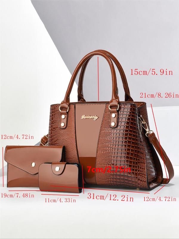 Women's Elegant Fashion Crocodile Embossed Handbag & Coin Purse & Card Holder, Casual Trendy Versatile High-quality Daily Commuting Bag Set