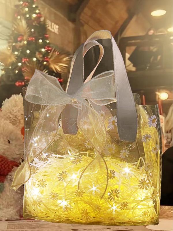 Daisy Pattern Clear Tote Bag, Cute Floral Pattern Gift Bag, Luxury Designer Handbags, Women's Wedding Birthday Gift Wrapping Bag, Trendy All-match Handbag for Daily Use