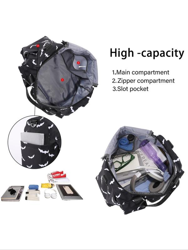 Bat Pattern Large Capacity Travel Bag, Portable Multi-functional Storage Area Independent Shoe Compartment Duffel Bag, High-quality Dry-wet Sports Swimming Yoga Gym Bag