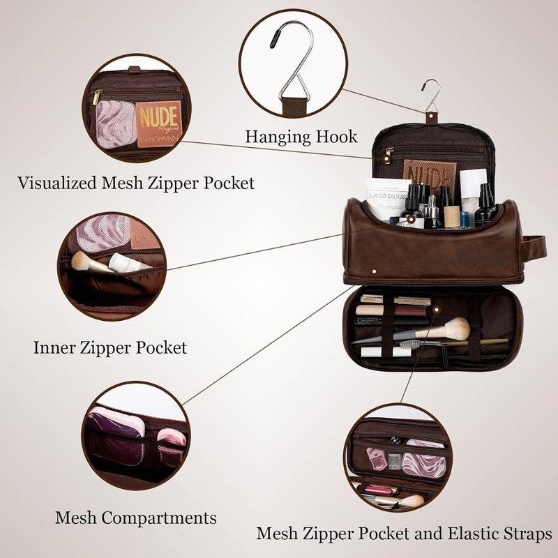 Travel Toiletry Bag for Men, Large Water-resistant Shaving Bag Toiletries Organizer, PU Leather Dopp Kit, with Hanging Hook, Multi-functional and Stylish, Ideal for , Travel, Camping, Gym