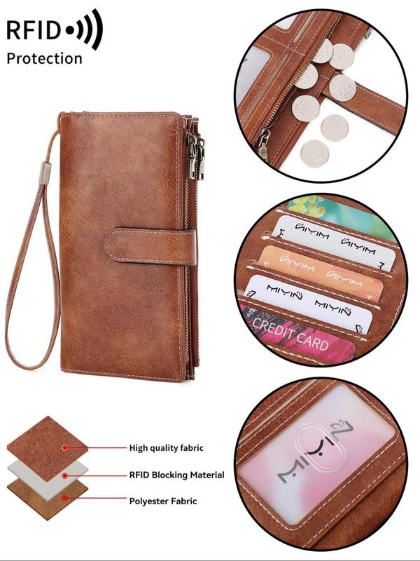 Women's Solid Color Long Wallet, Fashionable PU Leather Zipper Wallet with Wrist Strap, Multi-functional Card Holder for Daily Use