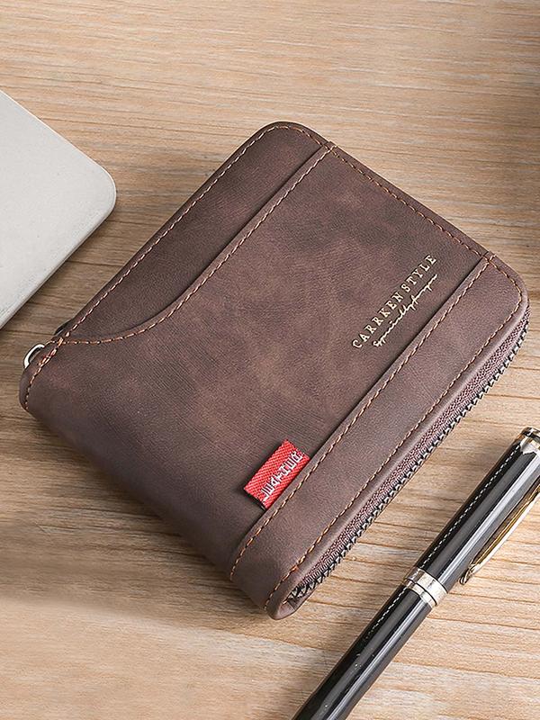 Men's Business Letter Detail PU Leather Zipper Short Wallet, Casual Versatile Multiple Slots Card Holder, Simple All-match Bifold Wallet for Daily Life