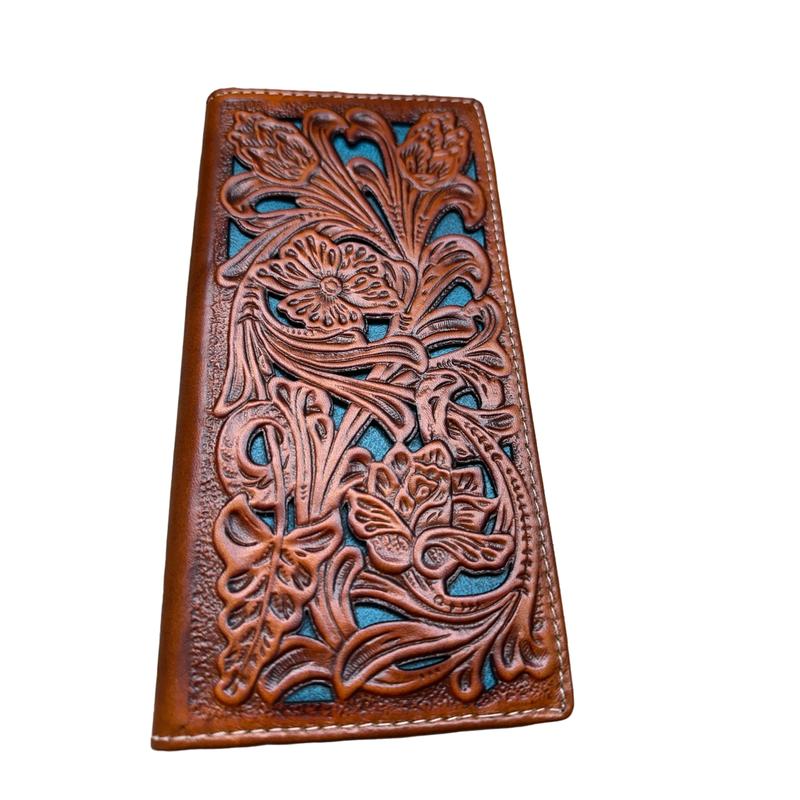 Mens Long Wallet Floral Cutout Layered Leather Brown Teal Soft Leather Checkbook Style Cowboy Hand Crafted High End Mens Wallets Leather Bull Rider Rodeo