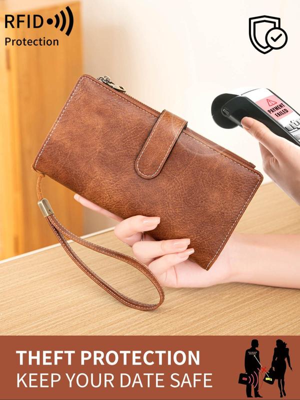 Women's Solid Color Long Wallet, Fashionable PU Leather Zipper Wallet with Wrist Strap, Multi-functional Card Holder for Daily Use